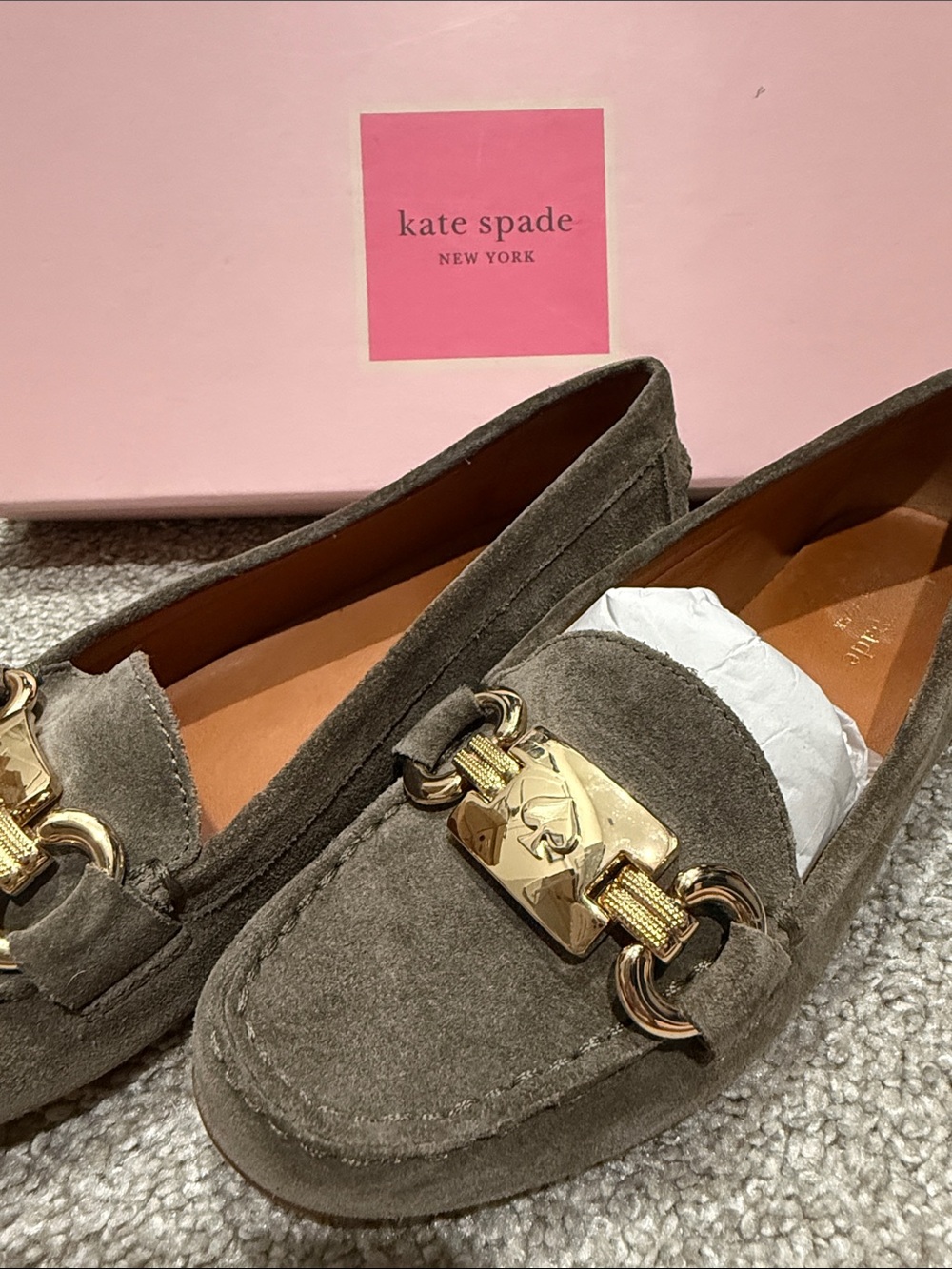 kate spade gray suede loafers with gold-tone plaque